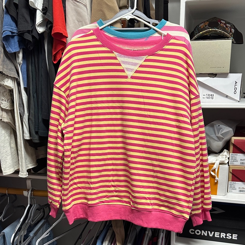 Striped Pink and Yellow Crewneck Sweatshirt
